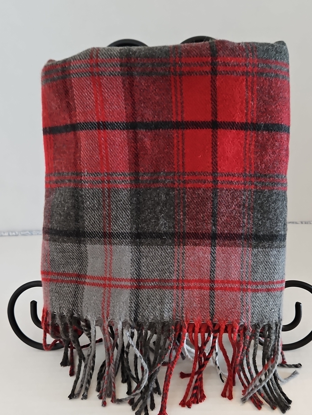 Banana Republic | Women's Plaid Tartan Red Gray Fringe Soft Cozy Scarf Wrap